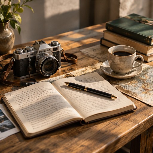 A notebook, vintage camera, books, map, and coffee arranged on a warm wooden desk.
