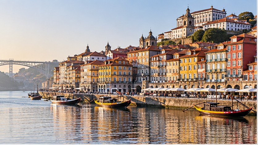 Colourful Porto riverside buildings and boats beside the Douro in morning light.