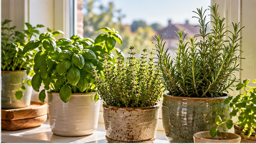 Basil, thyme, rosemary, and other herbs growing on a bright kitchen windowsill.