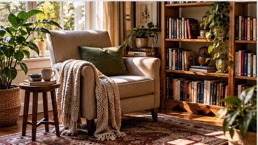 A comfortable reading chair beside bookshelves, plants, and warm natural light.