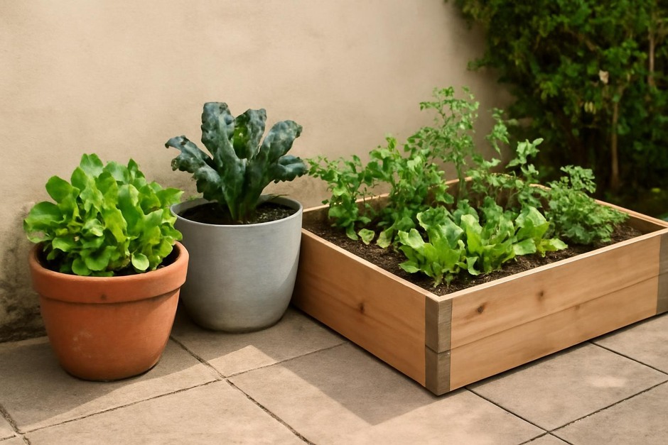 Two small planters and a wooden raised bed side by side in a sunny courtyard