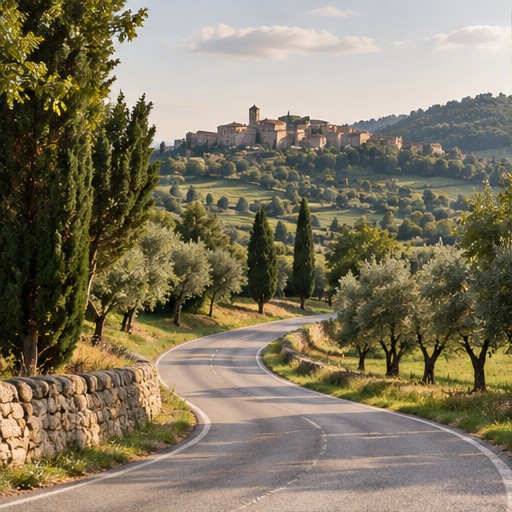 A winding country road through a calm green landscape.
