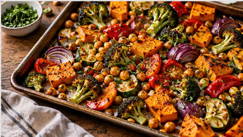 A sheet pan of roasted vegetables and chickpeas with herbs and crisp browned edges.