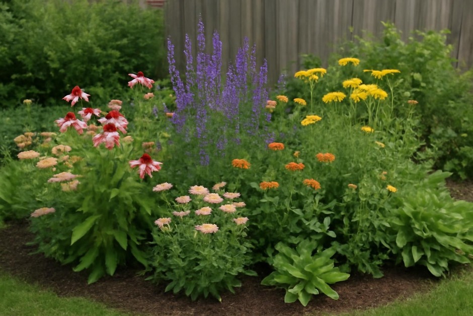 A small bed of mixed perennial flowers and foliage for cutting bouquets